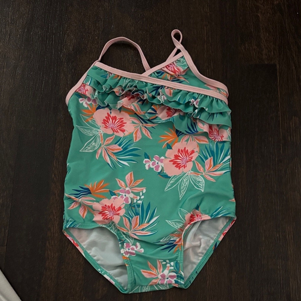Floral Ruffle Toddler Swimsuit - Green and Pink